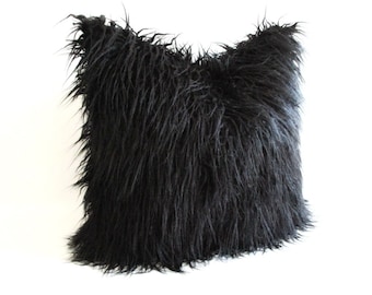 Pillow Cover Black Curly Mongolian Lamb Faux Fur Zipper