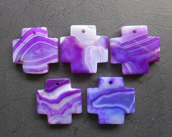 AS PICTURED- 5pcs Large Purple Stripe Agate Cross Pendant 42x42mm- top drilled