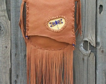 Crossbody dragonfly purse , Fringed leather handbag , Beaded dragonfly totem , Custom leather handbag