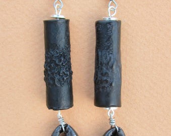 Long black cowrie shell wooden tribal dangle earrings