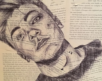biro portrait sketch on aged book pages