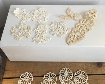 Vintage appliqué beige flower lot decor sewing crafting repurpose decor Upcycle fabric notions