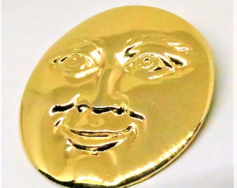 Moon Brooch - Vintage, Gold Tone, Man in the Moon Pin