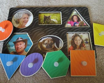 FAMILY PHOTO PUZZLE for Toddler! 6 colorful basic shapes hide 6 photos of family, pets, friends, or special event!