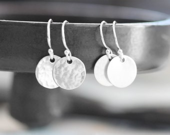 Tiny Disc Earrings, Tiny Sterling Silver Earrings, Tiny Hammered, Small Circle, Round Smooth or Hammered Earrings
