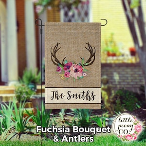 Personalized Garden Flag - Antler and Floral Bouquet Faux Burlap - Custom Yard Flag - Faux Burlap - Personalized Yard Flag