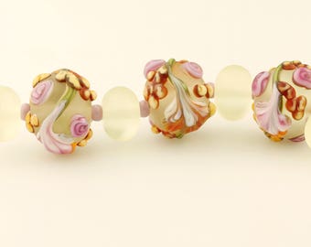 Lampwork Bead Set Garden Florals Matte Glass with Lavender, Pink Flowers 'Spring Bouquet'