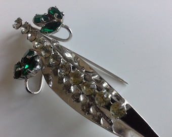 Gay Charm by Donald Simpson Designer Modernist Silver Leaf Brooch Emerald Green & Clear Paste Rhinestones Vintage c 1970s