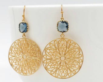 Sapphire Blue Glass Crystal, Gold Lace Filigree Earrings, Large Gold Dangle Earrings, Gold Mesh Round Circle Earrings, Gift For Her