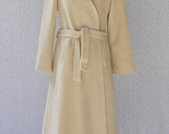 1960s Ivory Colored Wrap Coat with Belt || Winter Wedding Coat. Long White Drape Coat. 60s Coat. Retro Boho Hippie Coat. Vintage Womens Coat