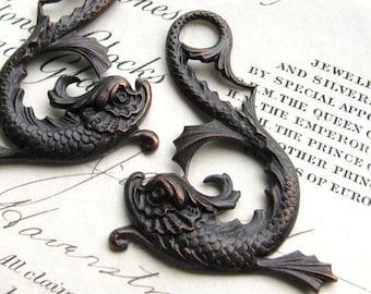 Magical koi fish pair, 45mm black antiqued brass pendant, left right (2 Asian dolphin drop) sea serpent, dark magic, mythical creature