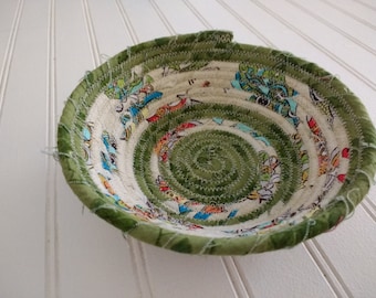 6" Coiled Fabric Bowl - Green and Cream Stripes