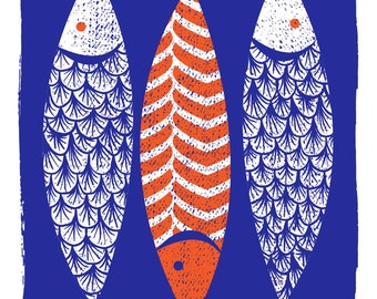 Modern Art Screenprint Scandinavian Style - 3 Fish Art Print - Indigo Wall Art - Silkscreen Modern Print Kitchen Art - Three Fishes