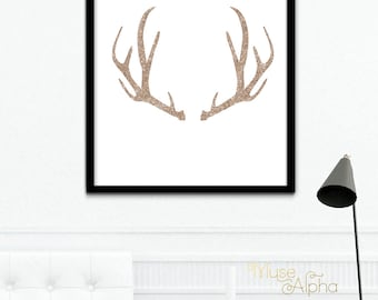 Rose Gold Glitter Antler Print, Antler Wall Art, Antler Wall Decor, Printable Antler Wall Art, Deer Antler Art Printable, 8x10 24x30 20x20