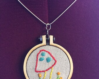 Embroidered Mushroom Necklace - Handmade