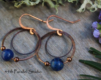 Lapis & Copper Hoop Earrings, Blue Lapis Earrings, Rustic Copper Earrings, Copper Hoop Earrings, Boho Earrings, Wire Earrings, Gift for Her