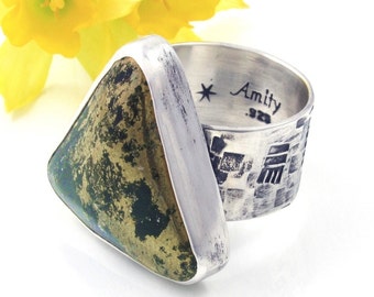 Pyrite Ring - Sterling Silver Apache Gold ring - Large Pyrite Statement ring - US size 7.75 - Chunky Pyrite Ring - Large triangle ring