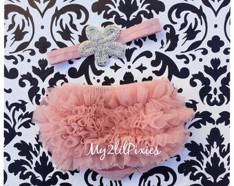 Baby Bloomer and Rhinestone Headband Set- Ruffle Bum Baby Bloomer, Vintage Pink Bloomer, Vintage headband , newborn bloomer, infant