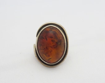 Vintage Modernist Sterling Silver Natural Baltic Amber Ring Size 6.5