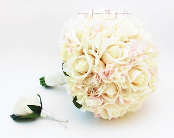 Blush and Ivory Bridal Bouquet + Groom's Boutonniere - Real Touch Ivory Roses and Real Touch Blush Hydrangea