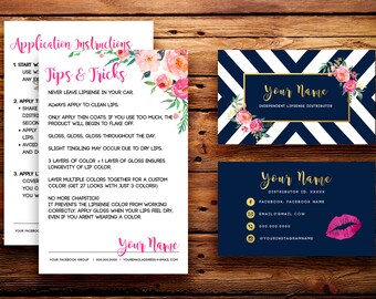 LipSense Business Cards Buyers Cards || SeneGence Custom Navy Striped Watercolor Florals