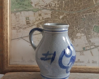 vintage salt glazed ceramic blue stoneware jug pitcher vase from Germany table centerpiece home decor saltglazed collection