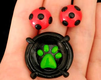 Miraculous Ladybug earrings and Chat Noir ring (also clip earrings available, please read description)