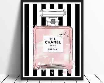 Chanel No 5 No5 No.5 Pink Perfume Bottle with Stripes and Paint Splatter Print Poster - Pop Art, French, Vintage, Art Deco
