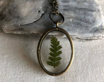 Fern necklace, dried fern botanical, tiny fern neckace