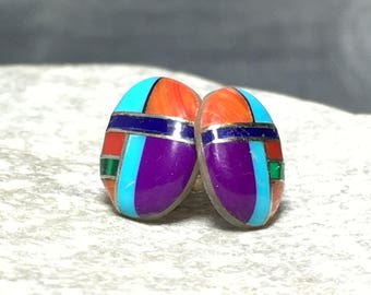 Intarsia Stud Earrings, Southwestern Gemstone Studs, Mosaic Stone Earrings, Sterling Silver Mixed Gemstone Studs, Turquoise Post Earrings