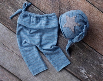 Baby blue and Grey Newborn Pant and Hat 2-Piece, Baby Pant Set, newborn boy pant set, newborn boy prop