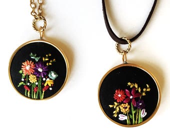 Mothers Day Gift, Embroidered necklace, wildflower pendant in black, floral jewelry gift, nature jewelry, girlfriend gift, unique gift