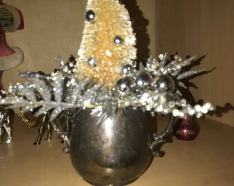 Vintage silver sugat bowl bottle brush Christmas tree