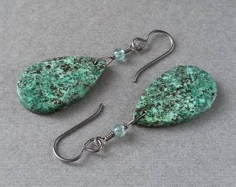 African Turquoise Teardrop Earrings, Aqua Apatite, Oxidized Sterling Silver, Blue Green Gemstone, Lightweight Slab, Earthy Natural Stone