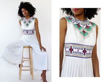 Shaheen Palazzo Jumpsuit M • Vintage Alfred Shaheen • Vintage Palazzo Jumpsuit • 70s White Jumpsuit • Vintage 70s Printed Jumpsuit • D1740