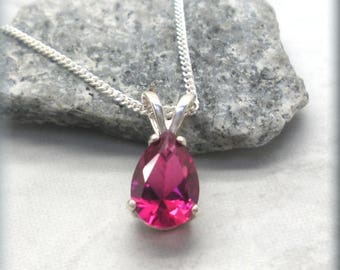 Pear Ruby Necklace, 925 Sterling Silver, July Birthstone Necklace, Gemstone Jewelry, Teardrop Red Ruby Pendant, Birthday Gift for Her