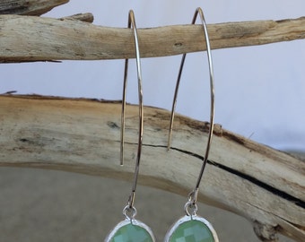 Bezel Set, Drop Earring, Faceted Glass, Silver Ear Wire, Mint Green