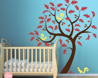 Oak Tree Decal Squirrels and Acorns - Nursery decals - Kids room Decal Wall Sticker