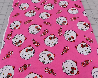 Hello Kitty Fabric, Hello Kitty Packed Eskimo Heads, Christmas, Pink, Eskimo, Heads, Candy Canes, Sanrio Co, Cotton, Fabric by the Yard