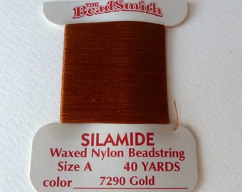 Gold Silamide Waxed Nylon Bead String, Size A, 40 yard card, two ply twisted nylon thread