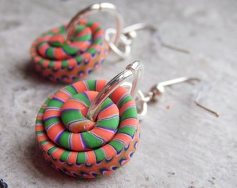 Bright Orange and Green Stacker Bead Earrings .. handmade polymer clay beads