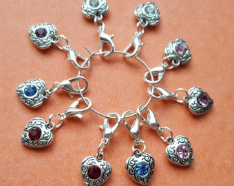 10 Crystal Heart stitch markers