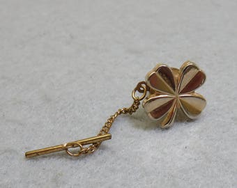 Shamrock, Four Leaf Clover Golden Tie Tack, Vintage St. Patrick's Day Tie Tack