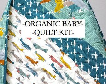 Baby Quilt Kit, Airplanes, Organic Cotton, Fabric, Boy Bedding, Nursery, Baby Boy, DIY, Birch Fabric, Trans-Pacific, Teal Fabrics, Kids Room