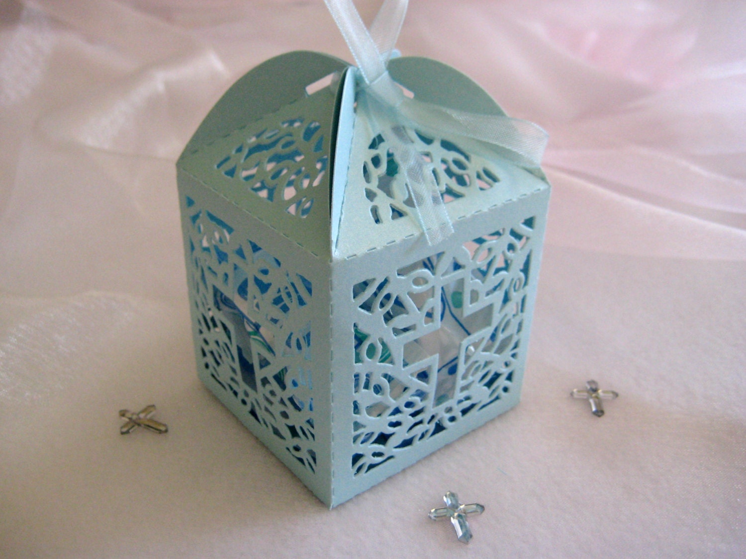 50 pcs holy cross pearled blue favor boxes for christening