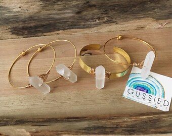 Wire Wrapped Quartz Point Bangle, Crystal Bracelet, Stocking Stuffers for Women, Minimalist Jewelry, Gussied, Gold and Crystal Bracelet