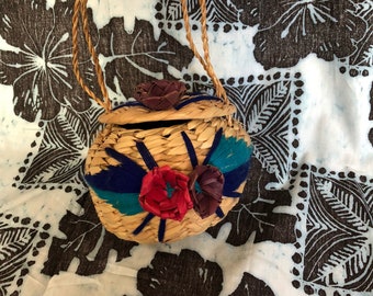 Vintage 1980's Mexican Straw Child's Handbag Purse KittensCaboodles