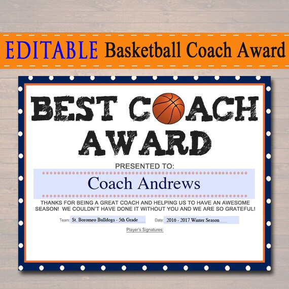 EDITABLE Basketball Coach Award Certificate INSTANT DOWNLOAD