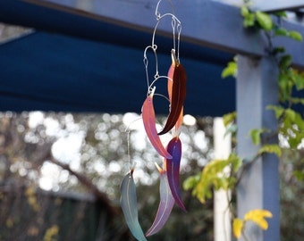 Stainless steel rainbow coloured decorative eucalypt leaf wind chime