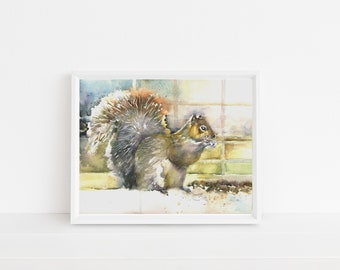 squirrel art PRINT Giclée Watercolor Painting - squirrel painting- nature decor- squirrel watercolor- grey squirrel art
